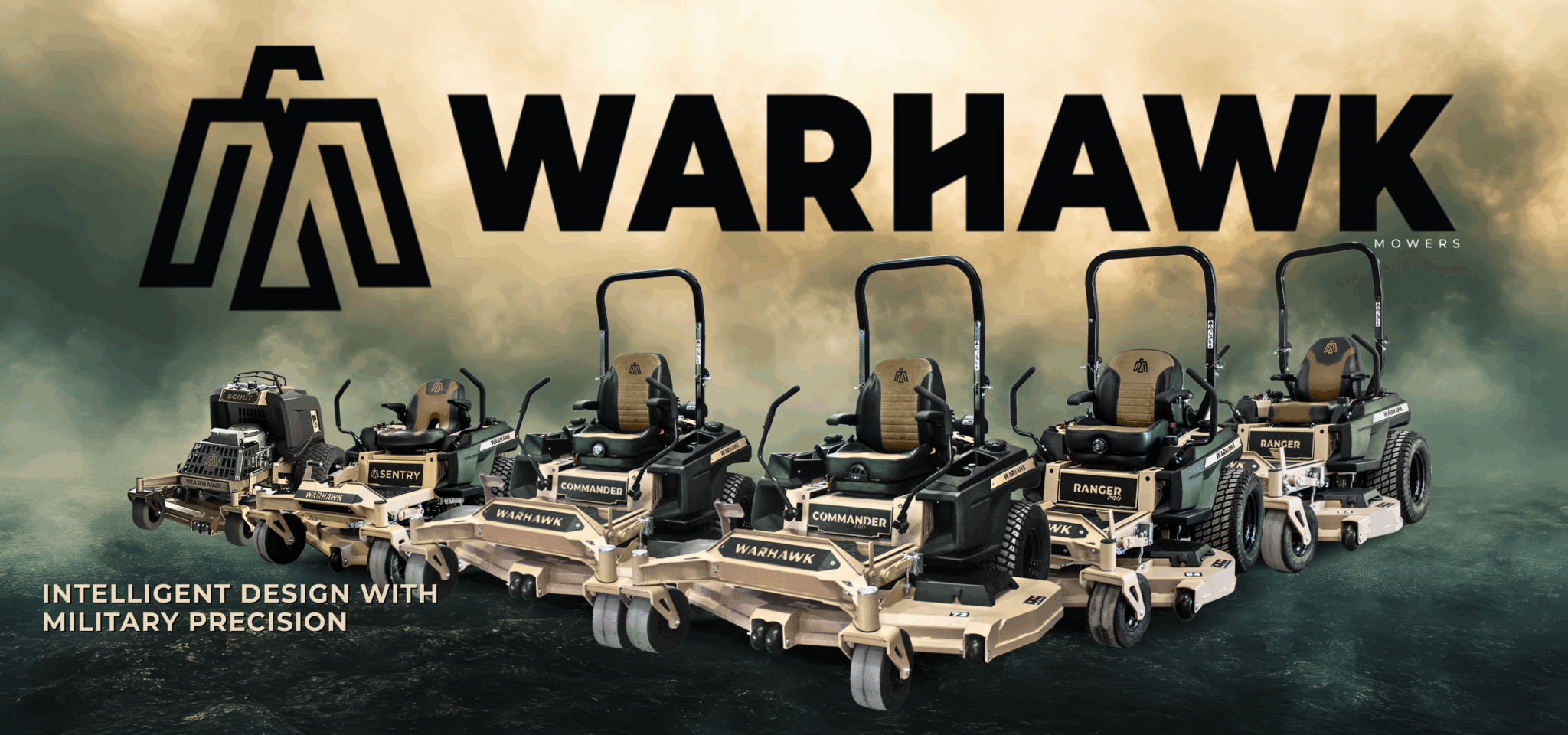 Six Warhawk zero-turn mowers lined up under the line Intelligent Design with Military Precision